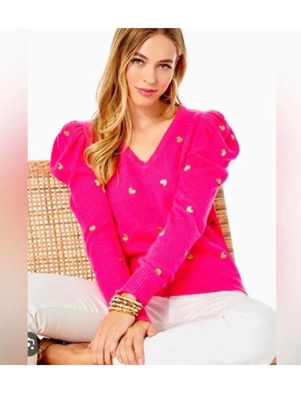 Lilly Pulitzer Pink Gold Heart Puff Sleeve V-Neck Sweater Size Large